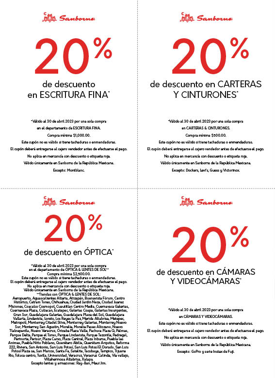 Cupón Carteras, Escritura Fina, Óptica y Camáras