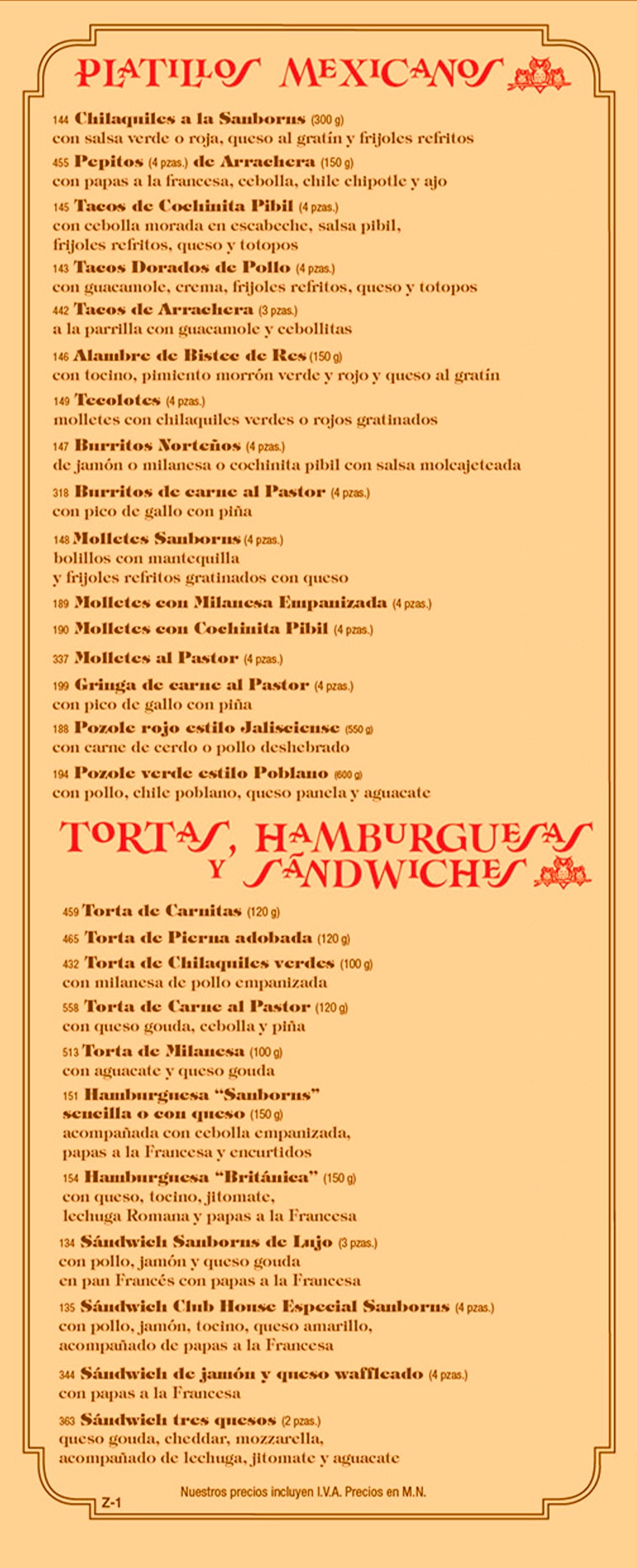 Carta Restaurante Sanborns